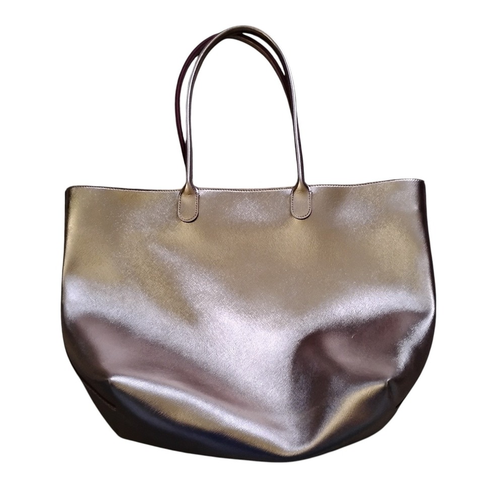 Bath & Body Works Metallic Bronze Saffiano Faux Leather Tote Bag Purple Lining